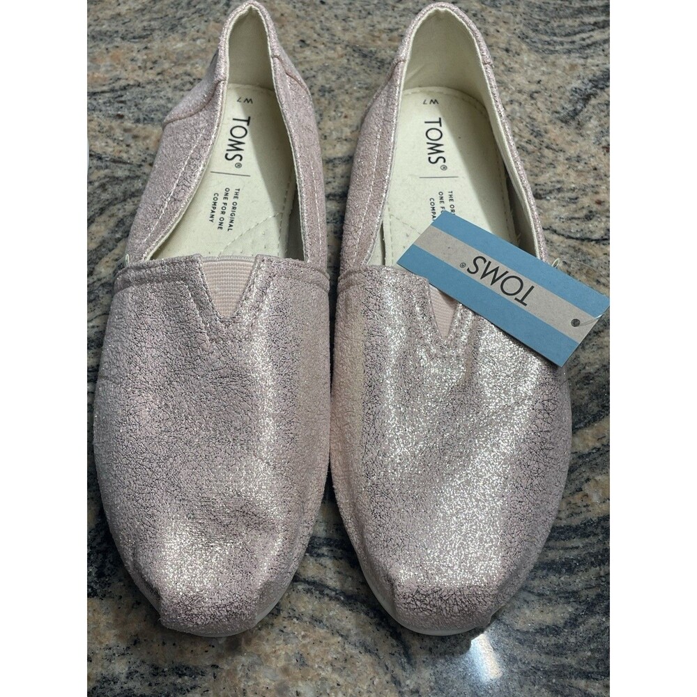 TOMS Belmont Rose Gold Crackle Foil Pink Slip On Shoes Glitter Size 7 NWT